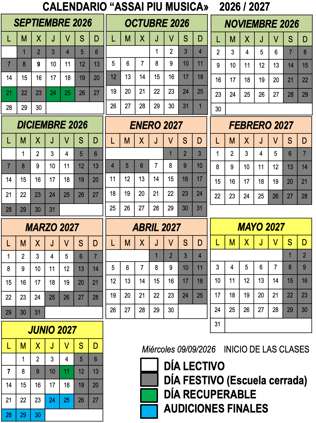 Calendario lectivo Assai Piu Musica 2026 / 2027